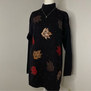 VTG Lambswool Rabbit Fur Beaded Mockneck Sweater Black/Red/Brown Leaves Small